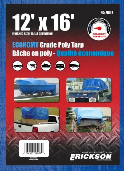 Erickson 57007 All-Purpose Tarp, 16 ft L, 12 ft W, Polyethylene, Blue