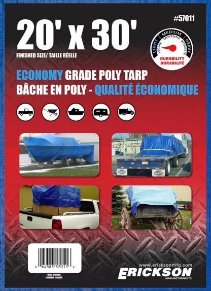 Erickson 57011 All-Purpose Tarp, 30 ft L, 20 ft W, 4 mm Thick, Polyethylene, Blue