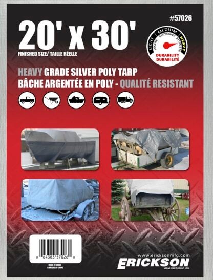 Erickson 57026 Heavy-Grade Tarp, 30 ft L, 20 ft W, 9 mil Thick, Poly, Silver