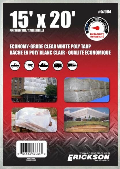 Erickson 57064 Utility Tarp, 15 ft L, 20 ft W, White