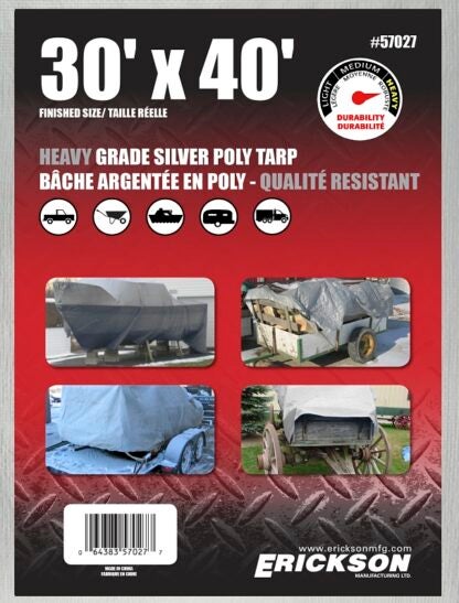 Erickson 57027 Heavy-Grade Tarp, 40 ft L, 30 ft W, 9 mil Thick, Poly, Silver