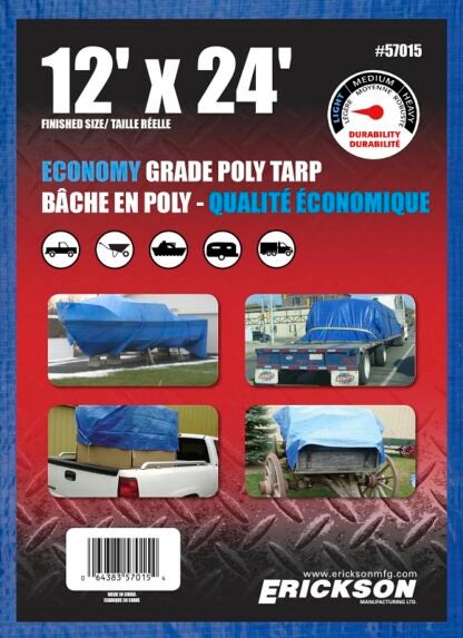 Erickson 57015 Economy-Grade Tarp, 24 ft L, 12 ft W, Poly, Blue