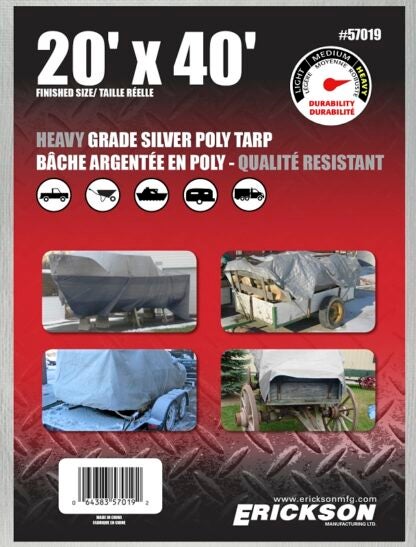 Erickson 57019 Heavy-Grade Tarp, 40 ft L, 20 ft W, Poly, Silver