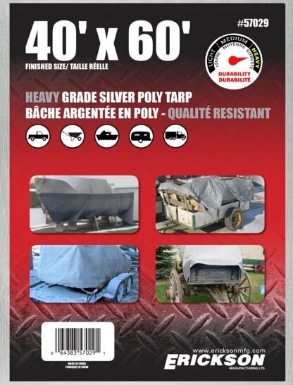 Erickson 57029 Heavy-Grade Tarp, 60 ft L, 40 ft W, Poly, Silver