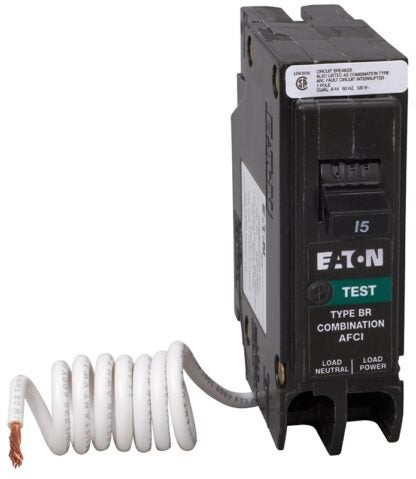 Eaton BRN115AFC Circuit Breaker, AFCI, Combination, Type BR, 15 A, 1-Pole, 120/240 VAC, Long Time, Instantaneous Trip