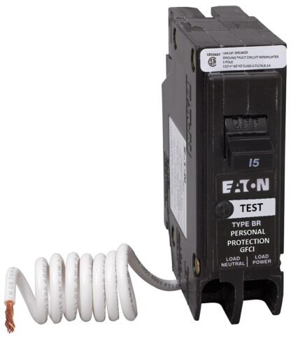 Eaton BRN115GFC Circuit Breaker, GFCI, Type BR, 15 A, 1-Pole, 120 VAC, Center, Long Time, Instantaneous Trip