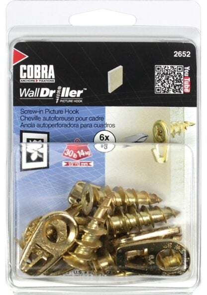 Cobra Anchors 2652 Picture Hook, 30 lb, Brass, #8 Opening