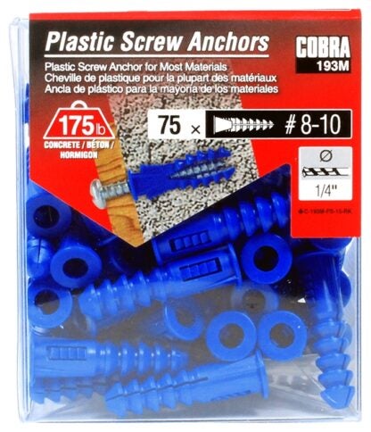 Cobra Anchors 193M Screw Anchor, 1-1/4 in L, Plastic, 175 lb