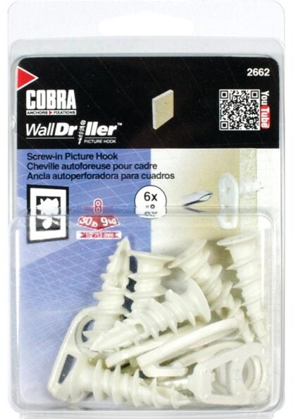 Cobra Anchors 2662 Picture Hook, 30 lb, Nylon, White, #8 Opening