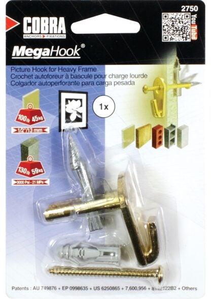 Cobra Anchors Mega Hook 2750 Picture Hook, 100 lb, Brass