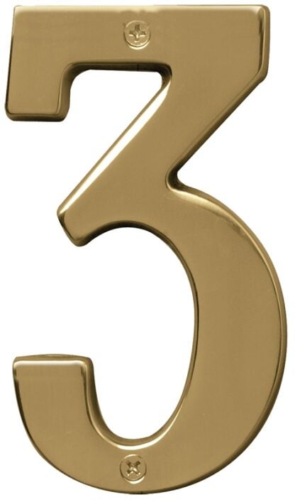 Hy-Ko Prestige Series BR-51PB/3 House Number, Character: 3, 5 in H Character, Brass Character, Brass Sells in Quantity of 3