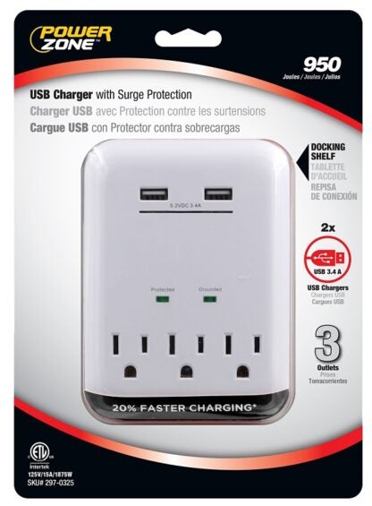 PowerZone ORUSB343S USB Charger, 125 V, 15 A, 3-Outlet, 950 Joules Energy, White