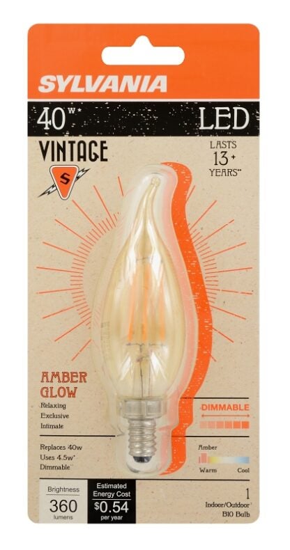 Sylvania 79582 Ultra Vintage LED Lamp, Decorative, B10 Lamp, 40 W Equivalent, E12 Lamp Base, Dimmable, Clear