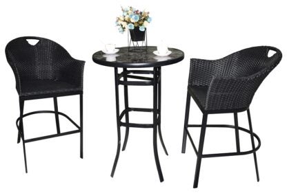 Seasonal Trends 59663 Newport High Bar Chat Set, 3-Piece, 250 lb Seating, Glass Tabletop, Brown Table, Woven Seat