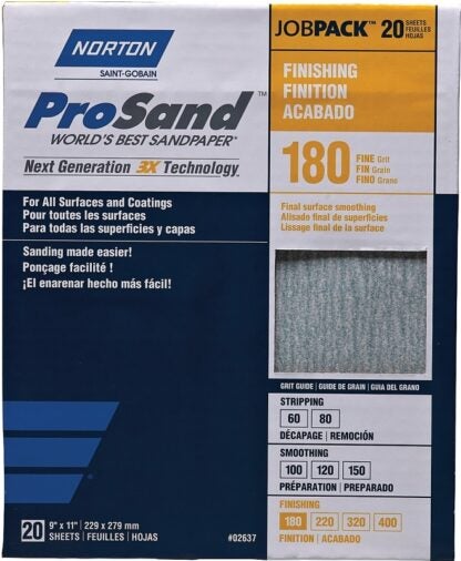 Norton ProSand Series 07660702626 Sandpaper, 9 in W, 11 in L, P180 Grit, Fine, Aluminum Oxide Abrasive, Paper Backing Sells in Quantity of 100