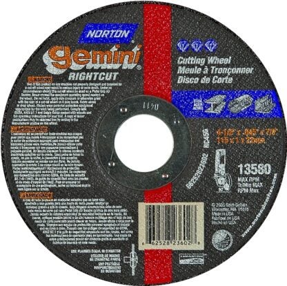 Norton 66252823602 Cut-Off Wheel, 4-1/2 in Dia, 0.045 in Thick, 7/8 in Arbor, 36 Grit, Coarse, Aluminum Oxide Abrasive