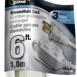 PowerZone OR660606 Extension Cord, 16 AWG Cable, 6 ft L, 125 V, White