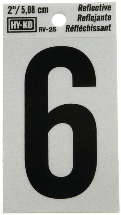 Hy-Ko RV-25/6 Reflective Sign, Character: 6, 2 in H Character, Black Character, Silver Background, Vinyl Sells in Quantity of 10