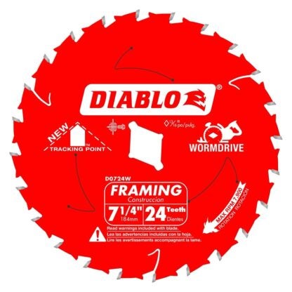 Diablo D0724A Circular Saw Blade, 7-1/4 in Dia, 5/8 in Arbor, 24-Teeth, Carbide Cutting Edge