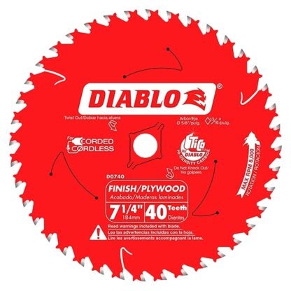 Diablo D0740A Circular Saw Blade, 7-1/4 in Dia, 5/8 in Arbor, 40-Teeth, Carbide Cutting Edge