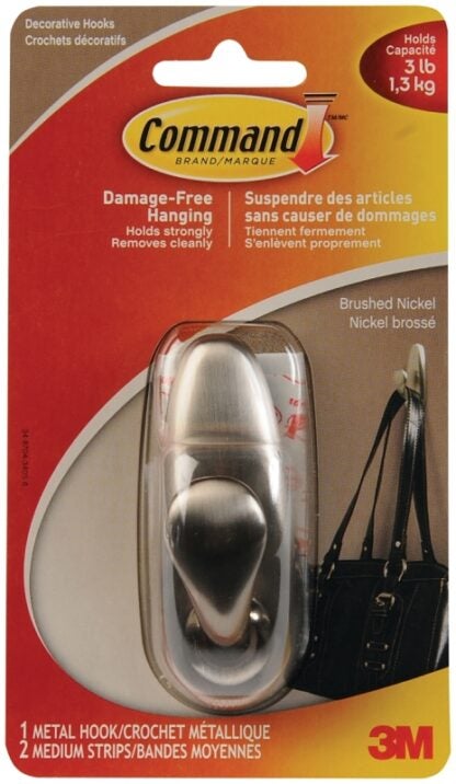 Command FC12-BN-C Hook, 3 lb, 1-Hook, Metal, Brushed Nickel Sells in Quantity of 2