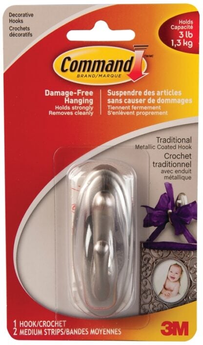 Command 17051BN-C Decorative Hook, 3 lb, 1-Hook, Plastic, Brushed Nickel Sells in Quantity of 6