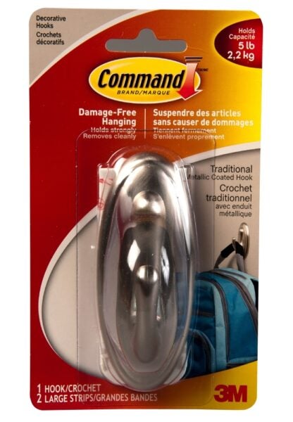 Command 17053BN-C Decorative Hook, 5 lb, 1-Hook, Metal, Brushed Nickel Sells in Quantity of 6