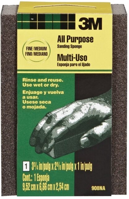 3M 908NA Sanding Sponge, 3-3/4 in L, 2-5/8 in W, 60, 100 Grit, Fine, Medium, Aluminum Oxide Abrasive