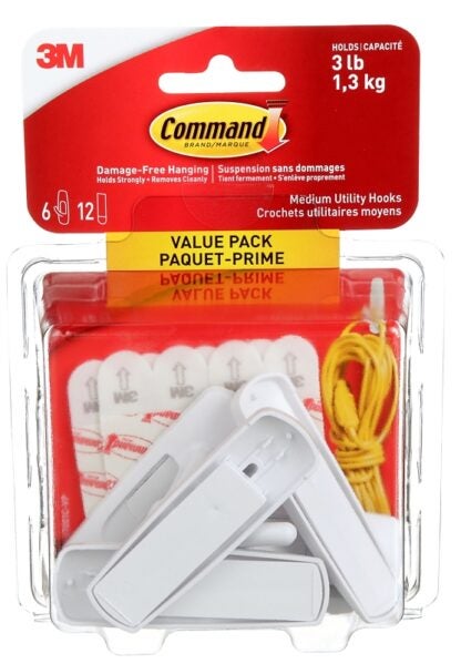 Command 17001C-VP Medium Utility Hook, 3 lb, 6-Hook, Plastic, White Sells in Quantity of 4