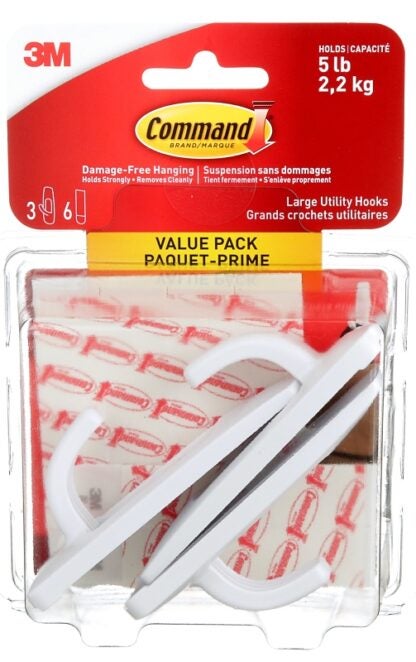 Command 17003C-VP Large Utility Hook, 5 lb, 3-Hook, Plastic, White Sells in Quantity of 2