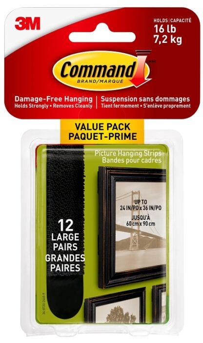 Command 17206BLK-12ES Large Picture Hanging Strip, 3/4 in W, 3-5/8 in L, Foam Backing, Black, 4 lb Sells in Quantity of 4