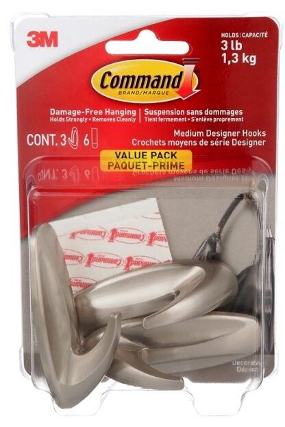 Command 17081BN-3ES Medium Designer Hook, 3 lb, 3-Hook, Plastic, Brushed Nickel Sells in Quantity of 2