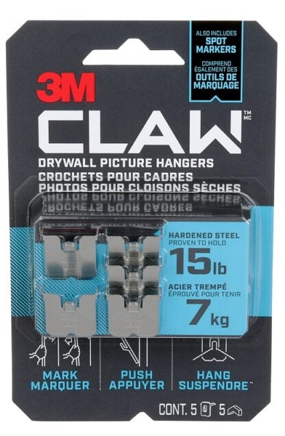 3M 3PH15M-5EF Picture Hanger, 15 lb, Steel, Drywall Mounting, 1/EA Sells in Quantity of 4