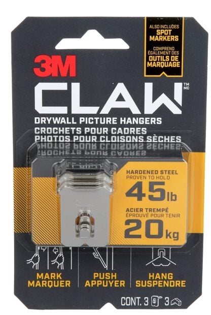 3M 3PH45M-3EF Picture Hanger, 45 lb, Steel, Drywall Mounting, 1/EA Sells in Quantity of 4