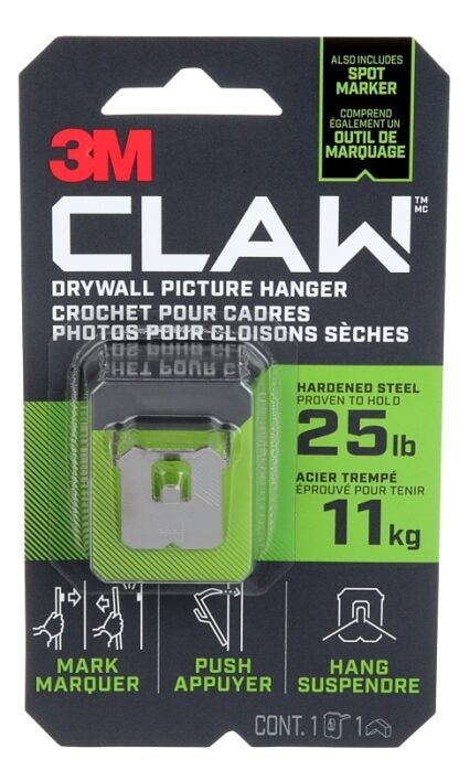 3M 3PH25M-1EF Picture Hanger, 25 lb, Steel, Drywall Mounting, 1/EA Sells in Quantity of 4