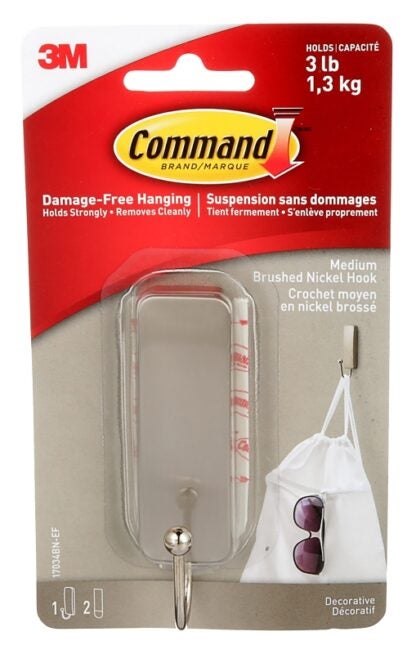 Command 17034BN-ES Medium Decorative Hook, 1 in W, Metal/Plastic, Brushed Nickel, 3 lb Sells in Quantity of 4