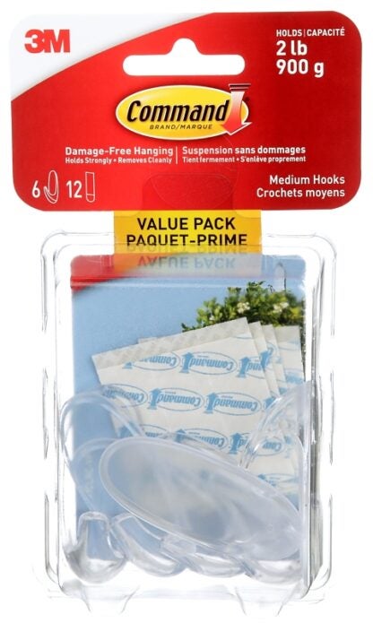 Command 17091CLRC-VP Medium Hook, 2 lb, 6-Hook, Plastic, Clear Sells in Quantity of 2