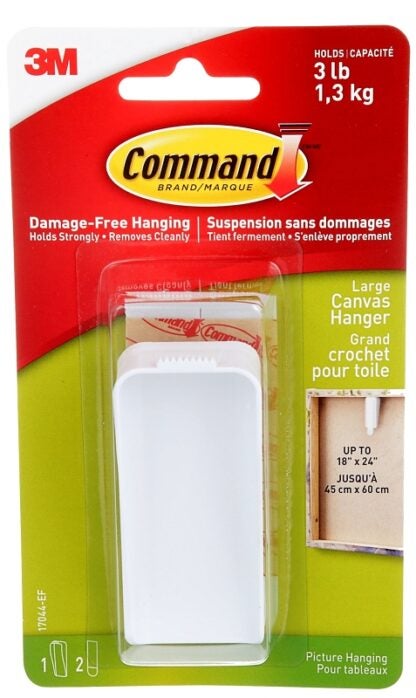 Command 17044-ES Large Canvas Picture Hanger, 3 lb, Plastic, White, Wall Mounting Sells in Quantity of 4