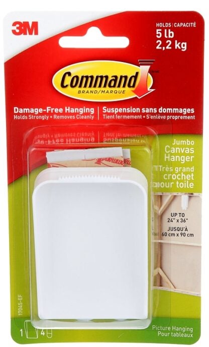 Command 17045-ES Large Canvas Picture Hanger, 5 lb, Plastic, White, Wall Mounting Sells in Quantity of 4