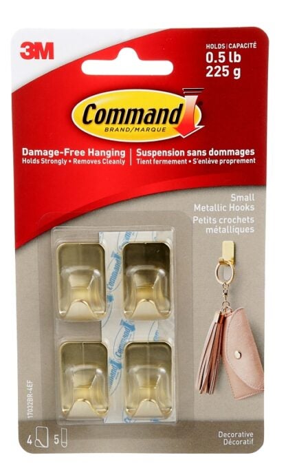 Command 17032BR-4EF Hook, 0.5 lb, 4-Hook, Plastic, Brass Sells in Quantity of 4