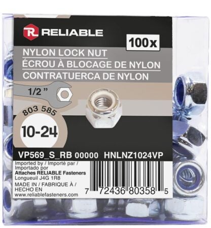 Reliable HNLNZ1024VP Lock Nut, UNC-UNF Thread, 10-24 Thread, Steel, Zinc, NE2 Grade, 100/BX