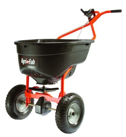 Agri-Fab 45-0462 Broadcast Spreader, 25,000 sq-ft Coverage Area, 12 ft W Spread, 130 lb, Poly Hopper, Pneumatic Wheel