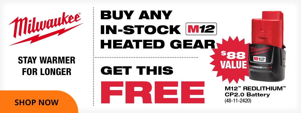 Free Milwaukee Battery with purchase of In-stock heated gear